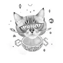 A blackwork tattoo of a cat floating in space with planets and stars forming a binary code pattern tattoo design idea