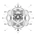 A blackwork tattoo of a cat floating in space with planets and stars forming a binary code pattern tattoo design idea