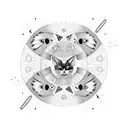 A blackwork tattoo of a cat floating in space with planets and stars forming a binary code pattern tattoo design idea