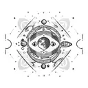 A blackwork tattoo of a cat floating in space with planets and stars forming a binary code pattern tattoo design idea