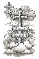 psalm 23:4 in cursive with clouds behind and three crosses at bottom tattoo design idea