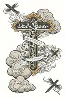 psalm 23:4 in cursive with clouds behind and three crosses at bottom tattoo design idea