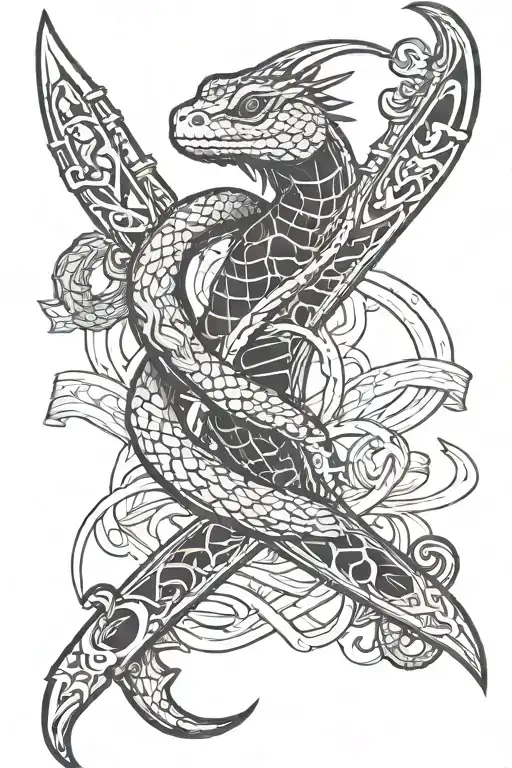 A stylized composition of a snake wrapped around a bearded dragon, with gun barrels and boat oars forming a frame around them tattoo design idea