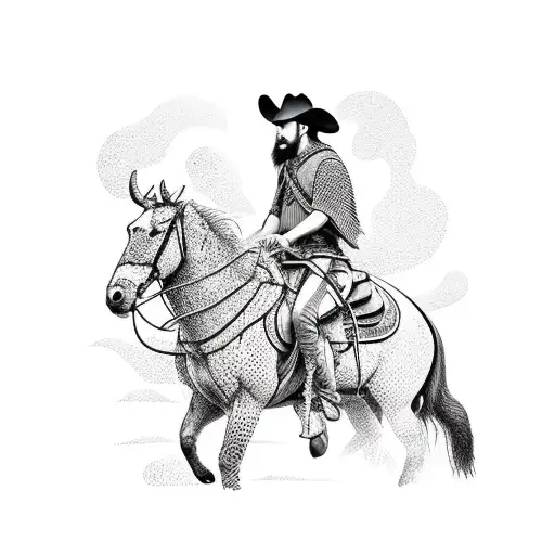 A dotwork illustration of a vaqueiro on horseback leading a cattle drive tattoo design idea
