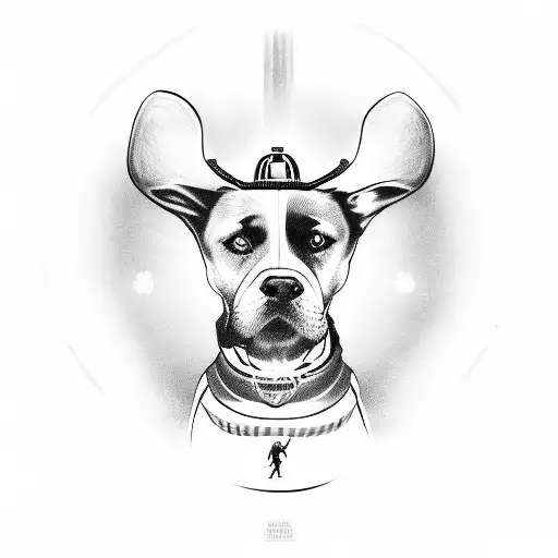 A portrait of a softball MVP with a halo above their head, surrounded by three dog silhouettes tattoo design idea