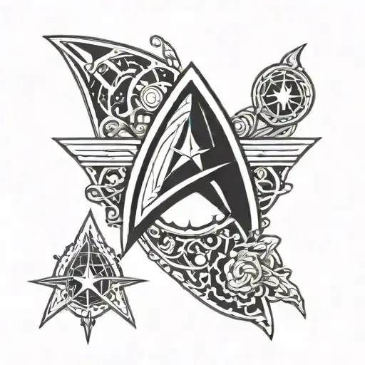 tattoo the shape of star trek Insignia with star trek related things inside    tattoo design idea