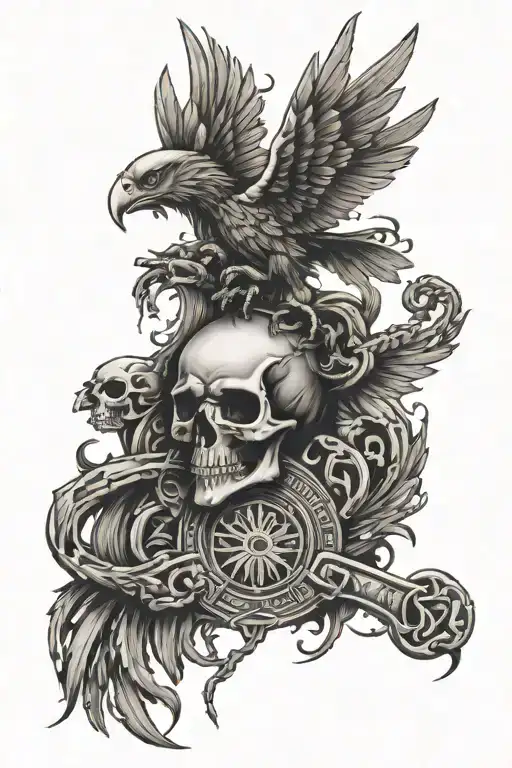  sketch of a tattoo of the symbols of the musical association Dead Dynasty, a double-headed eagle skeleton tattoo design idea