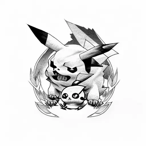 skull with pikachu tattoo design idea