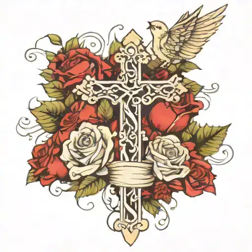 cross and roses and cardinal and vines wrapping cross  tattoo design idea