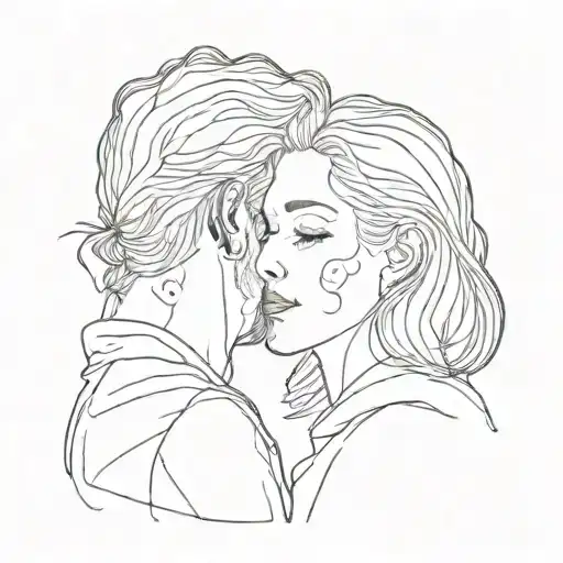 Two tender faces of a man kissing a lady's forehead, but in a very vivid, single-stroke, minimalist style. tattoo design idea