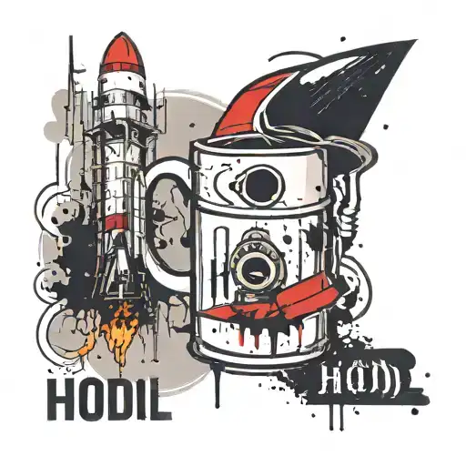 A rocket with a coffee mug next to it and the word hodl, accompanied by luffy's hat and the text "hodl". tattoo design idea