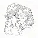 Two tender faces of a man kissing a lady's forehead, but in a very vivid, single-stroke, minimalist style. tattoo design idea