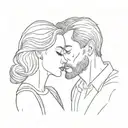 Two tender faces of a man kissing a lady's forehead, but in a very vivid, single-stroke, minimalist style. tattoo design idea