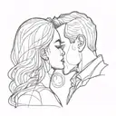 Two tender faces of a man kissing a lady's forehead, but in a very vivid, single-stroke, minimalist style. tattoo design idea