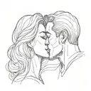 Two tender faces of a man kissing a lady's forehead, but in a very vivid, single-stroke, minimalist style. tattoo design idea