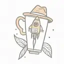 A rocket with a coffee mug next to it and the word hodl, accompanied by luffy's hat and the text "hodl". tattoo design idea