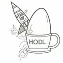 A rocket with a coffee mug next to it and the word hodl, accompanied by luffy's hat and the text "hodl". tattoo design idea