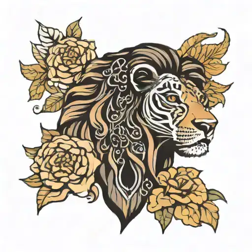 Black mother nature half lion face with "Maleah & Ba'Hiyah" tattoo design idea