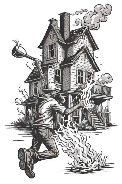 house with person throwing Molotov cocktail tattoo design idea