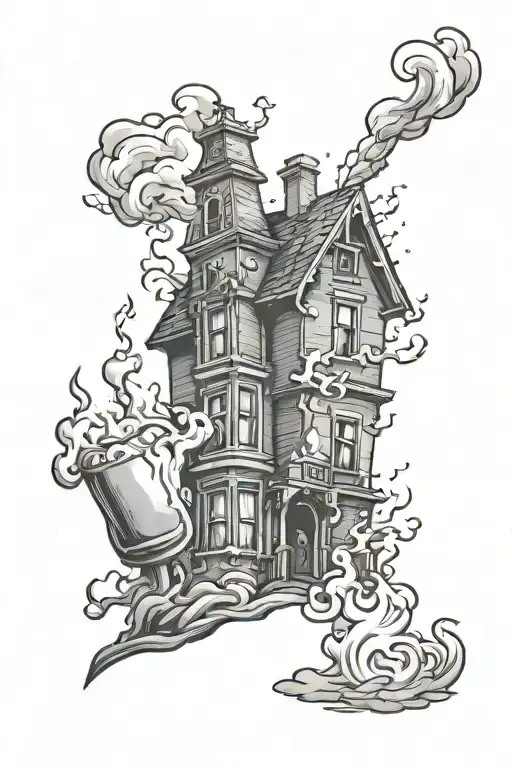haunted house with person throwing Molotov cocktaiL tattoo design idea