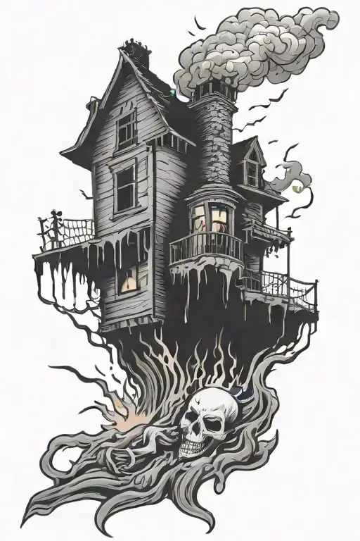 haunted house with person throwing Molotov cocktail at it tattoo design idea