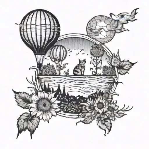 A hot air balloon flying over a field of sunflowers, with a cat peeking out from the basket tattoo design idea