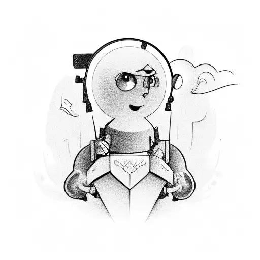 light fly with flashlight in hand, cartoon, kind, smiling, on a dark background  tattoo design idea