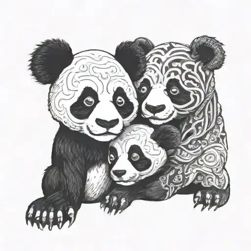 savage panda with 2 baby pandas wrestling eachother tattoo design idea