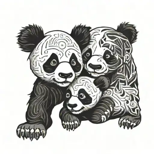 savage panda with 2 baby pandas wrestling eachother tattoo design idea