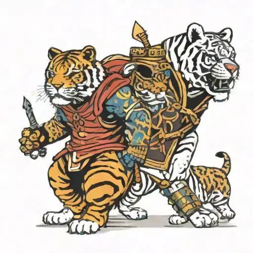 Tiger with Bulldog with Knight walking tattoo design idea
