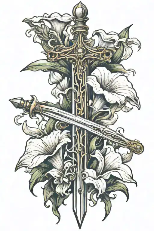 sword facing down with calla lillies wrapped s h calligraphy tattoo design idea