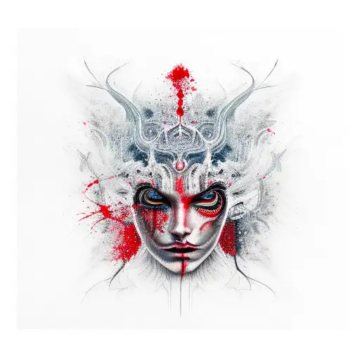 DARK trippy Abstract lineart with Hidden face, with Red color Splashs tattoo design idea