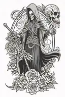 santa muerte holding a rooster and a scythe in the other hand, grim reaper, flowers by her feet and money bags by her si tattoo design idea