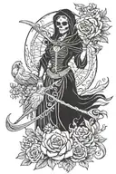 santa muerte holding a rooster and a scythe in the other hand, grim reaper, flowers by her feet and money bags by her si tattoo design idea