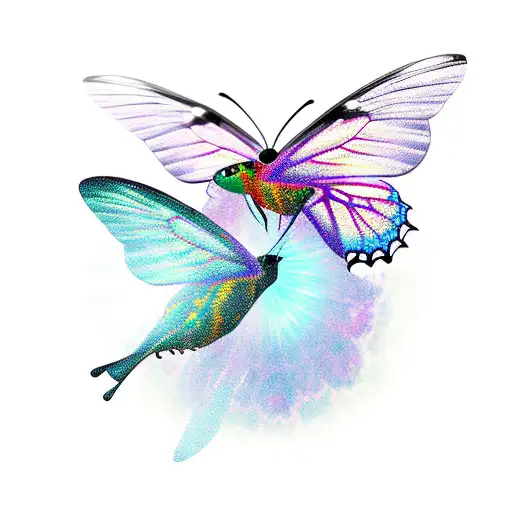 A butterfly and hummingbird duo flying through outer space tattoo design idea