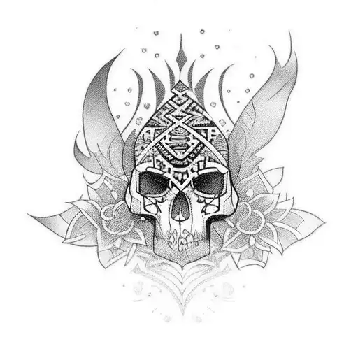 A tribal inspired tattoo featuring a mix of girly and dark elements, such as skulls and flowers tattoo design idea