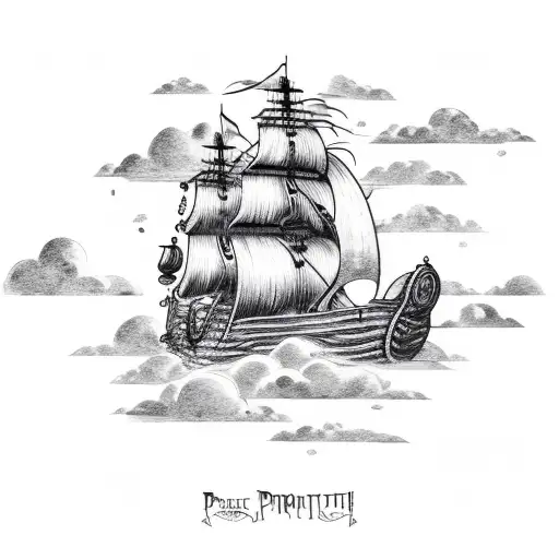 pirate ship with clouds with sunbeams tattoo design idea