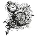 pocket watch broken over time, completely exploded, mechanism scattered very airy tattoo design idea