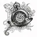 pocket watch broken over time, completely exploded, mechanism scattered very airy tattoo design idea