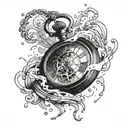 pocket watch broken over time, completely exploded, mechanism scattered very airy tattoo design idea