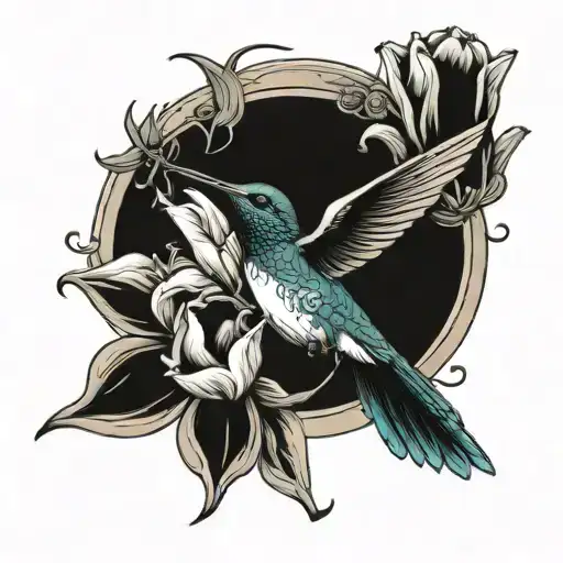 hummingbird pecking in a half-closed tulip tattoo design idea