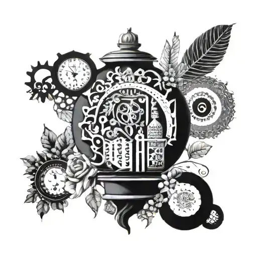 A tattoo inspired by flea market finds, such as vintage ceramics or books, arranged in a visually striking composition tattoo design idea