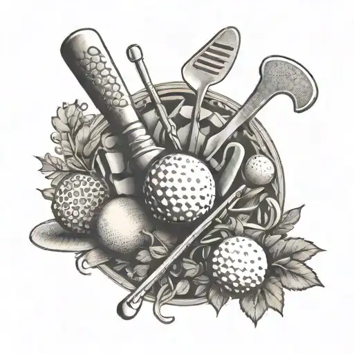 A golf club intertwined with a fork and knife, surrounded by various food items tattoo design idea