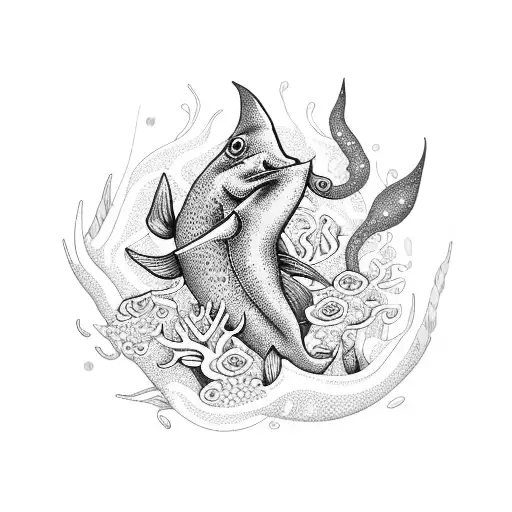 A mystical sea creature surrounded by blooming flowers tattoo design idea