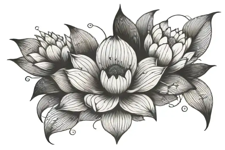 The tattoo is located under the girl's chest. in the center is the lotus in the graph. thin dot-work-style stripes exten tattoo design idea