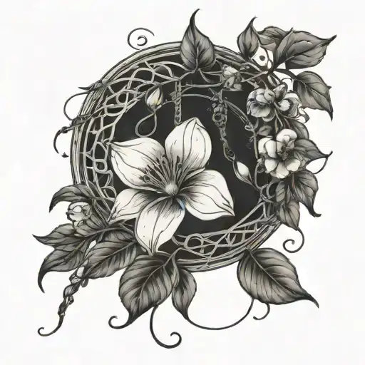 moon flower blooming hanging strings and pears looks surrealistic black and white  tattoo design idea