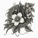 moon flower blooming hanging strings and pears looks surrealistic black and white  tattoo design idea