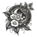 moon flower blooming hanging strings and pears looks surrealistic black and white  tattoo design idea