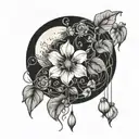 moon flower blooming hanging strings and pears looks surrealistic black and white  tattoo design idea
