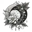 moon flower blooming hanging strings and pears looks surrealistic black and white  tattoo design idea